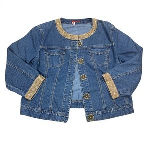 TAPEMEASURE Women's Embellished Collarless Denim Jean Jacket Size L